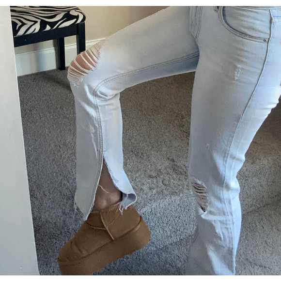 Don't Think Twice light wash distressed flare split hem jeans, size 4 - Picture 8 of 11